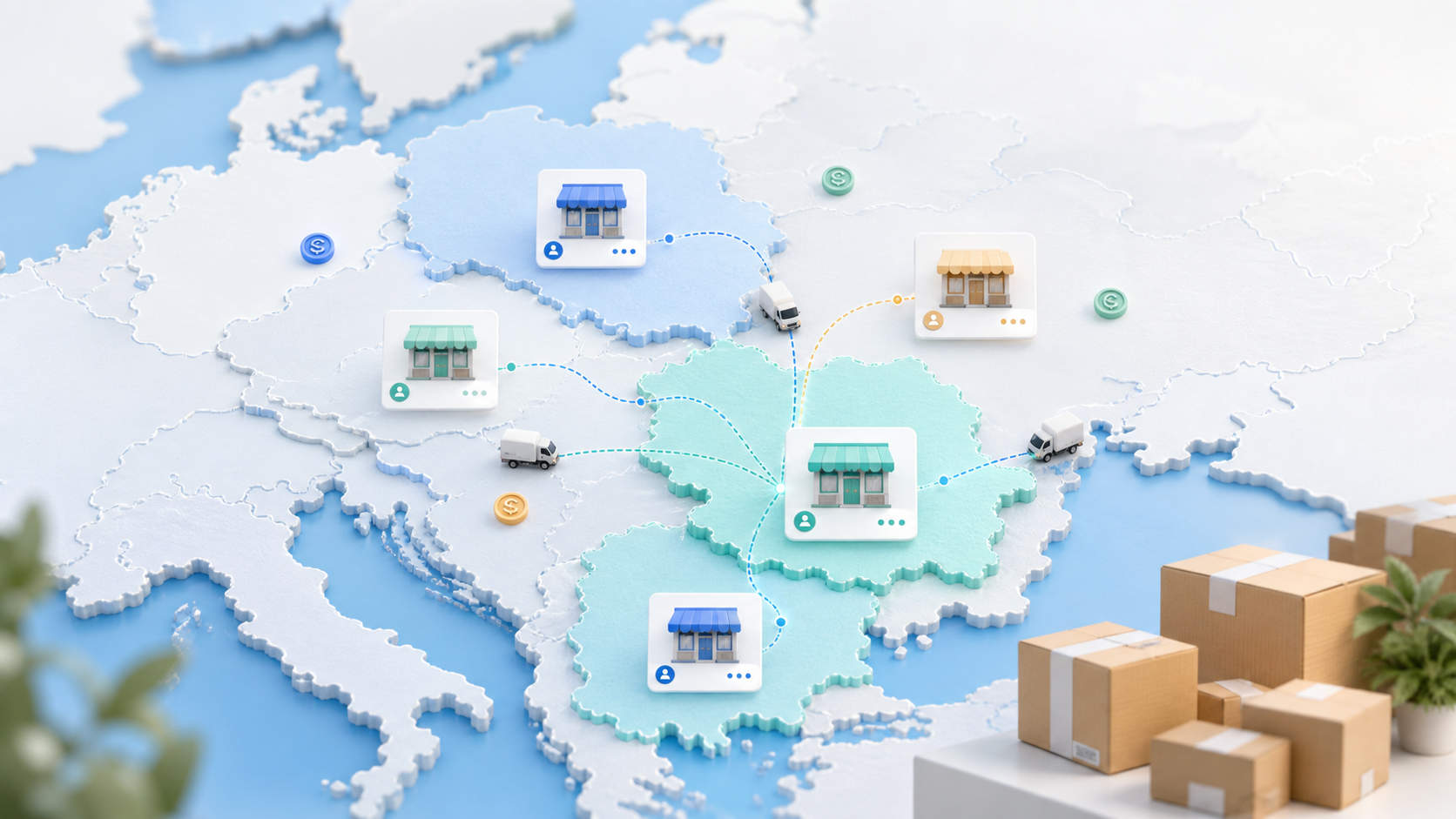 Hartă a Europei de Est cu magazine, colete și rute logistice conectate
