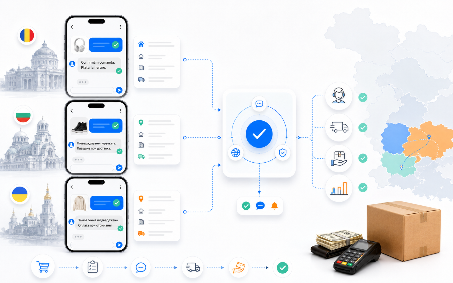 Confirmări WhatsApp și SMS localizate pe țări