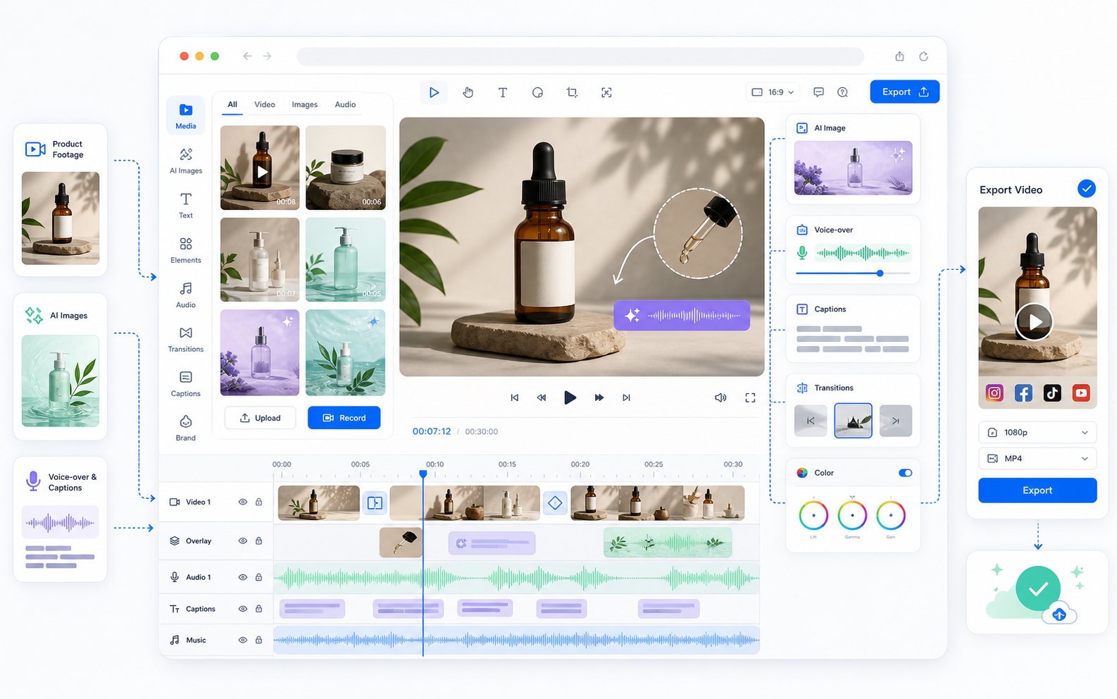 Editor video multi-track cu imagini, clipuri, text și audio