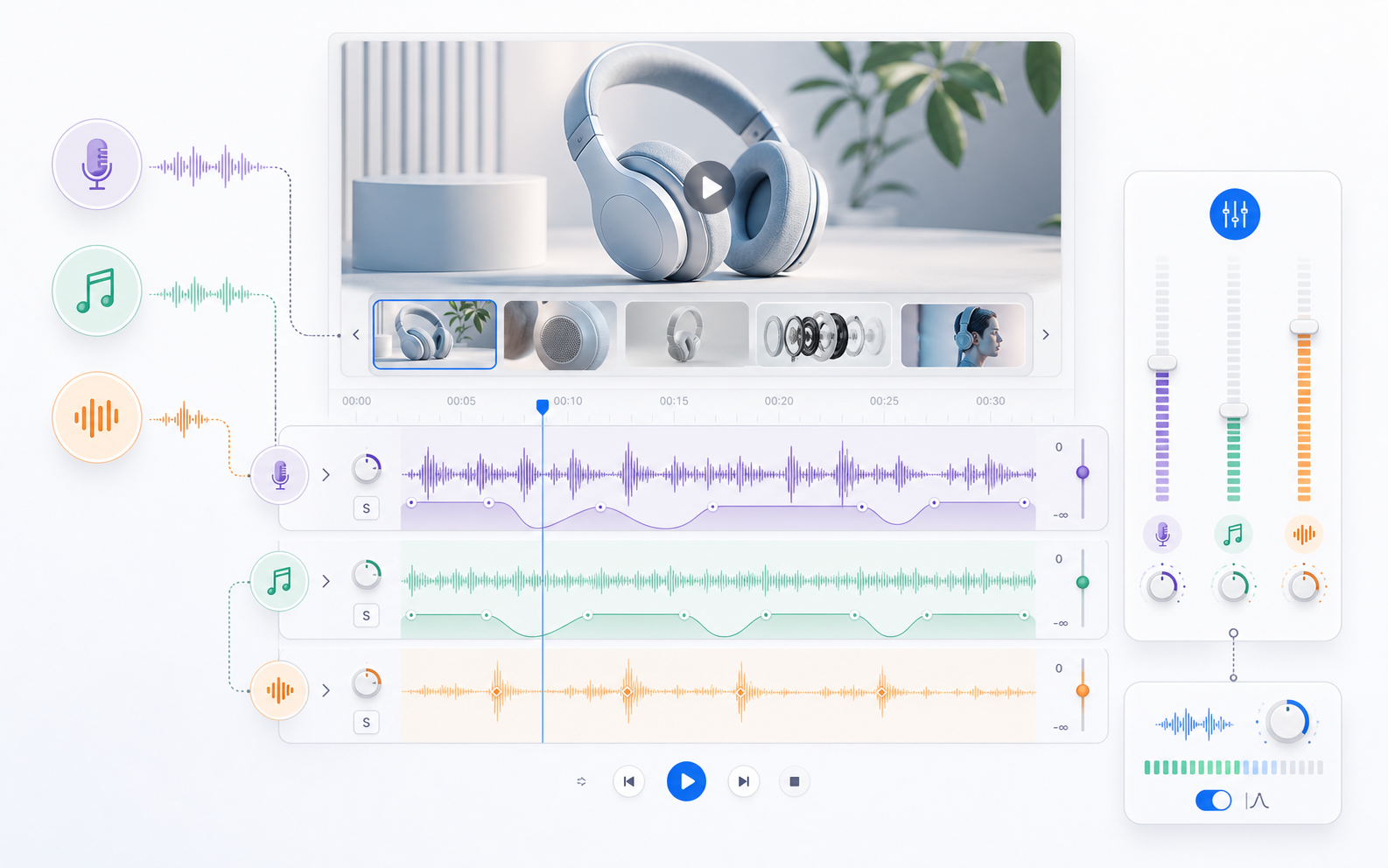 Muzică, efecte și voce așezate pe piste audio