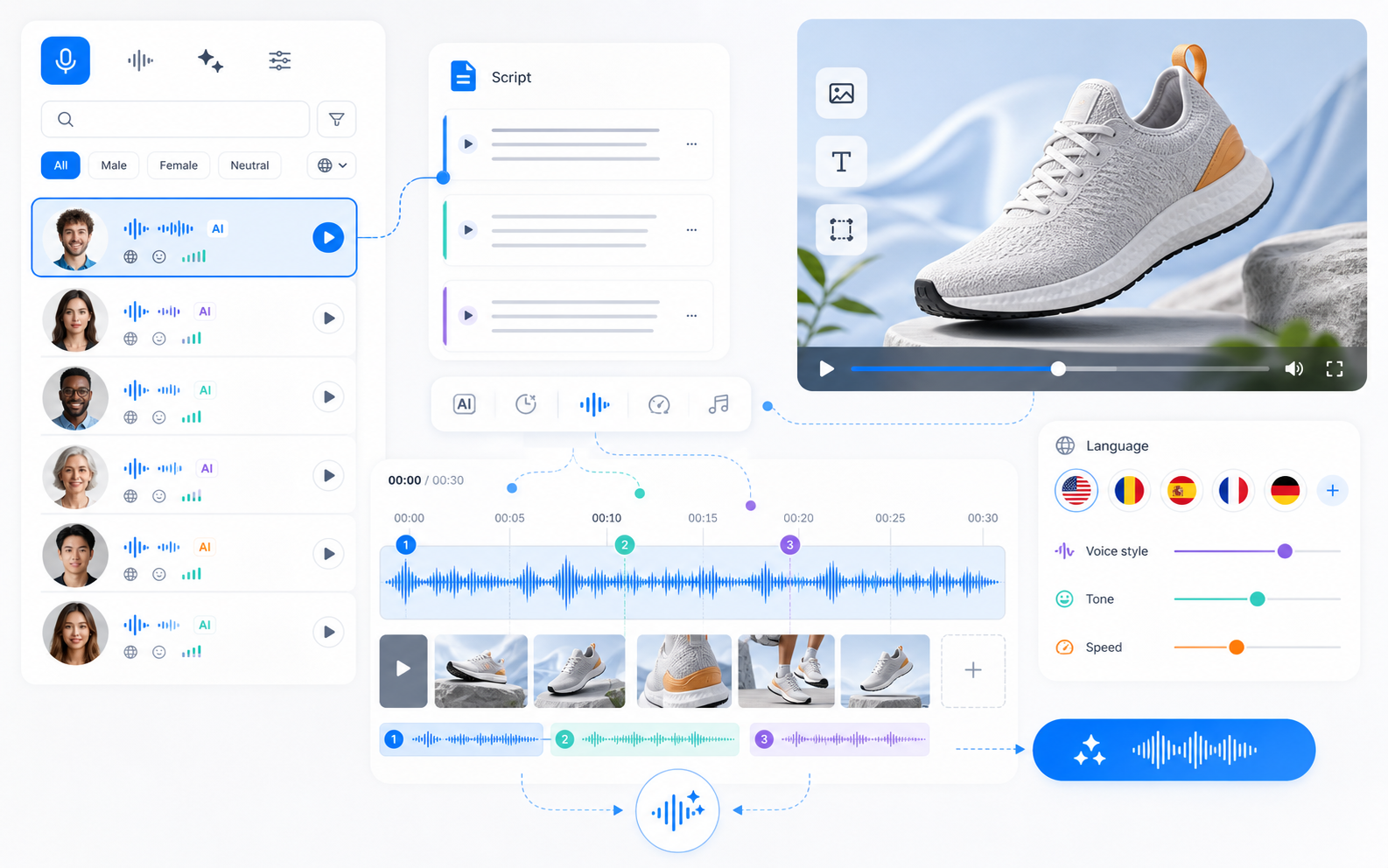 Bibliotecă de voci TTS și waveform multilingv