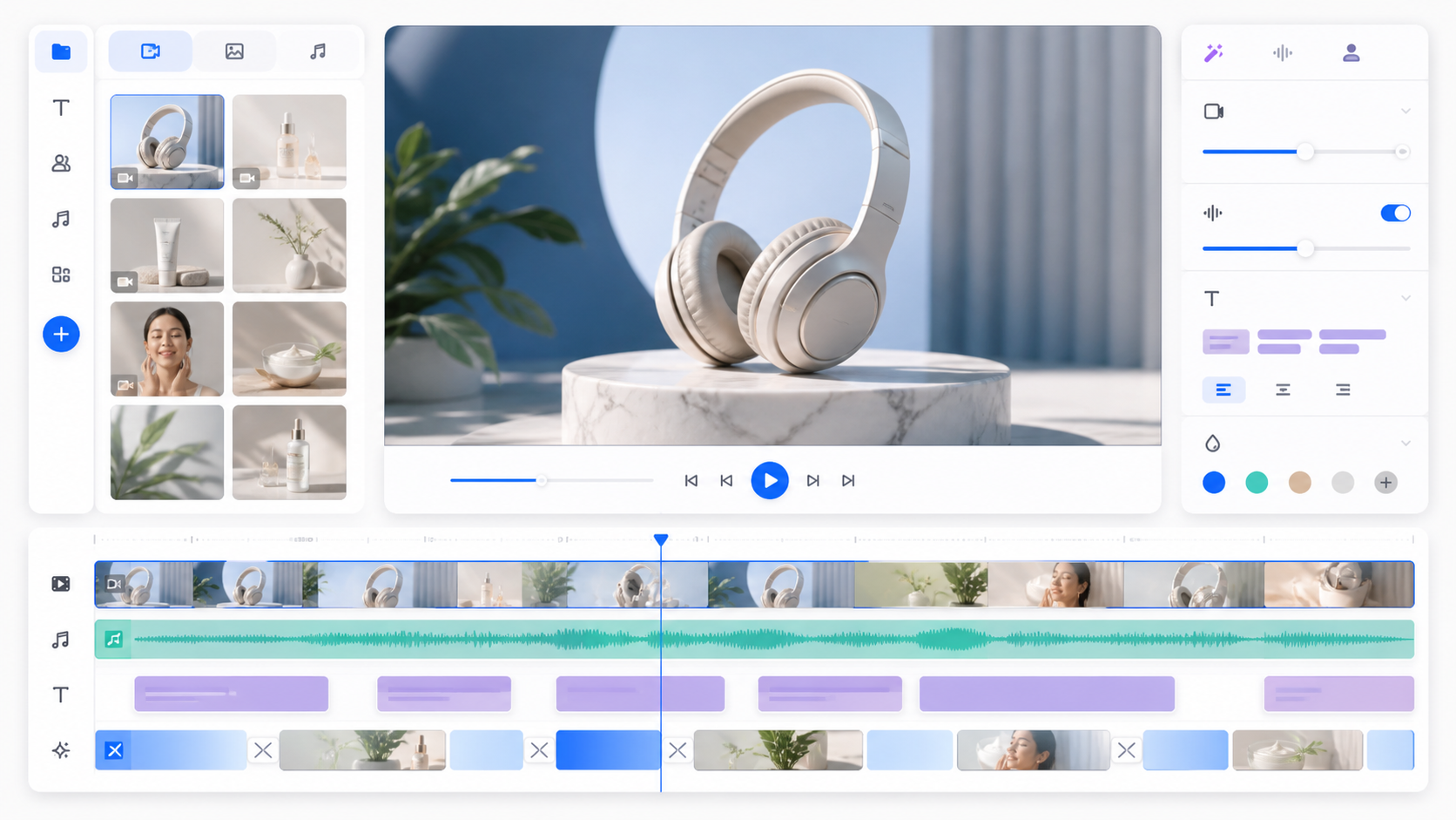 Editor video ecommerce cu timeline, voice-over, subtitrări și cadre de produs