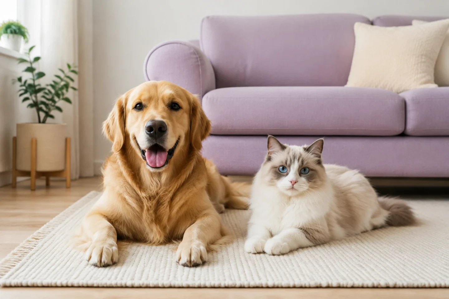 Un golden retriever și o pisică ragdoll, acasă împreună.